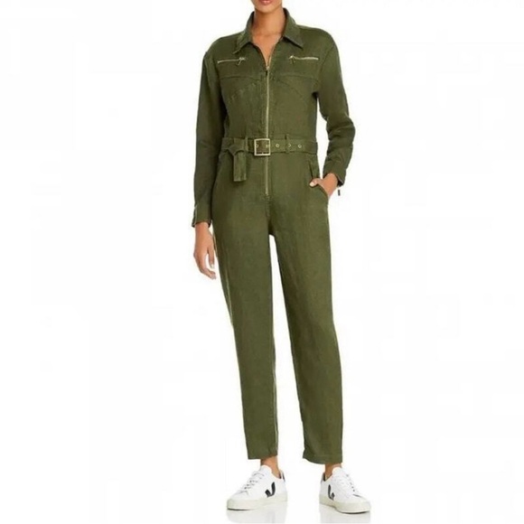 WEWOREWHATNWOT UTILITY GREEN LINEN SOLID BELTED COLLARED IN CHIVE GREEN SMALL